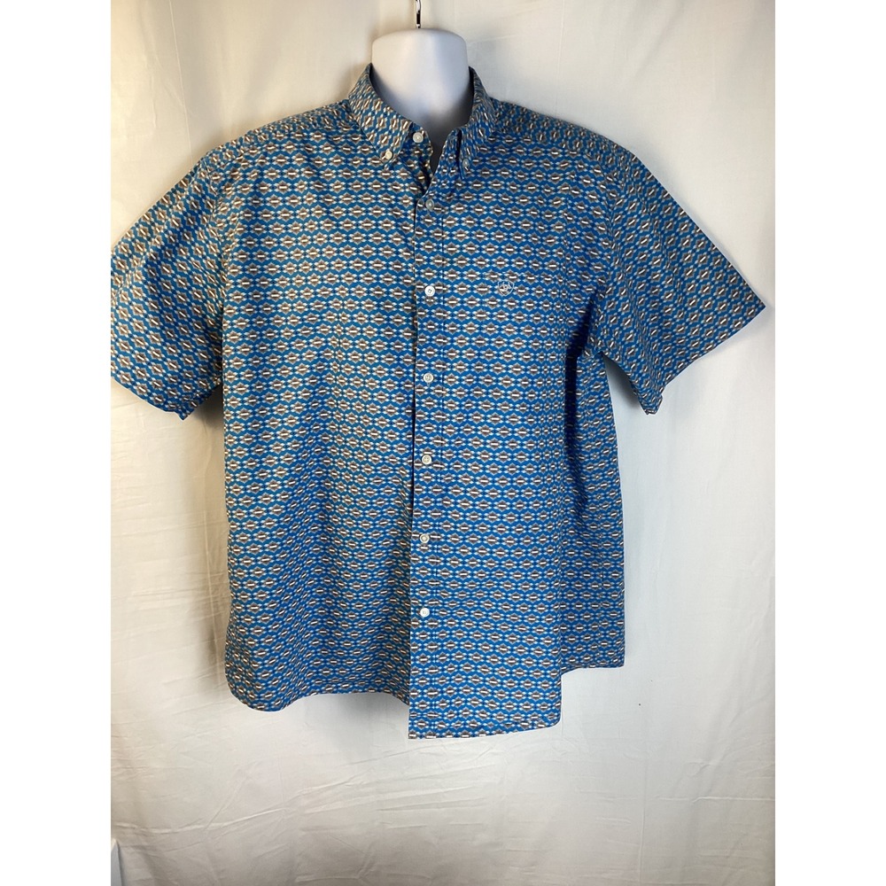 Ariat Button Down Shirt Mens XL Blue Southwestern Print Short Sleeve Western